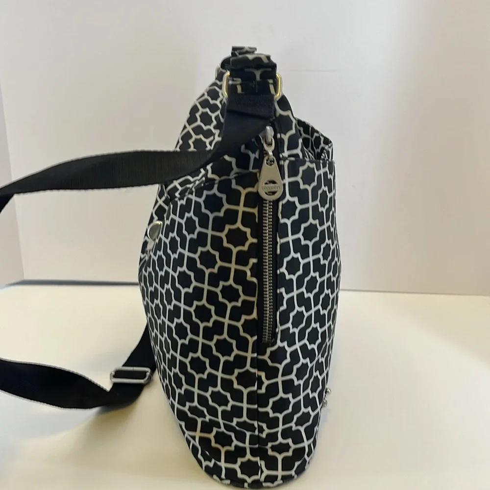 Baggallini Black & White Geometric Print Travel Purse Laptop Work Shoulder Bag